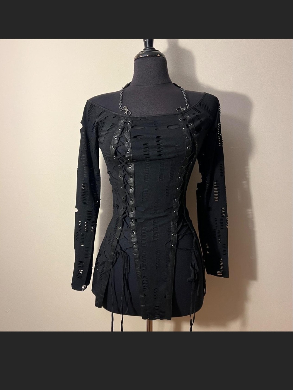 NWT Devil's Fashion Black Distressed Lace-Up Long Sleeve Women's Top. L